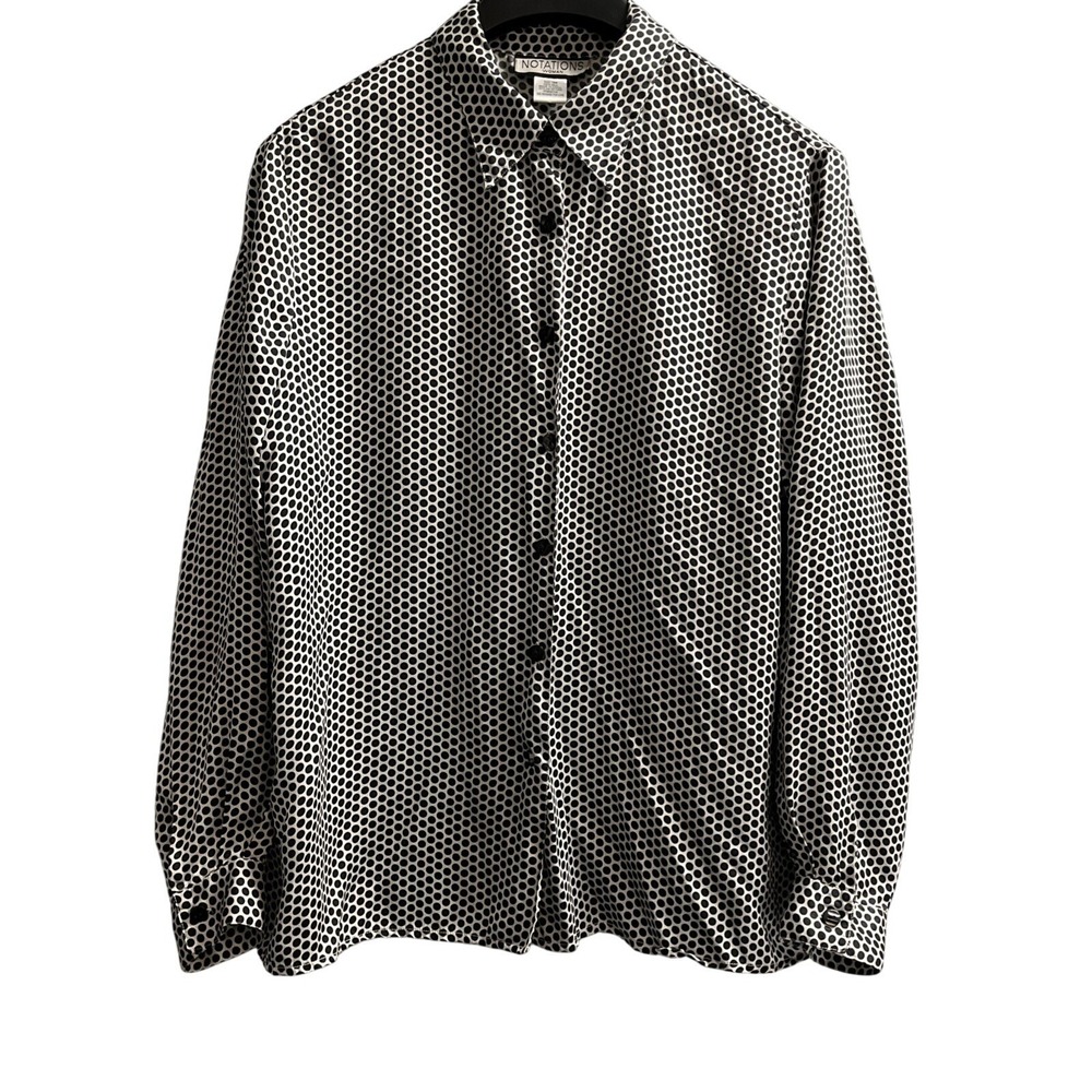 Notations Top Women 16 White Black 100% Silk Polka Dot Button Down Blouse Office